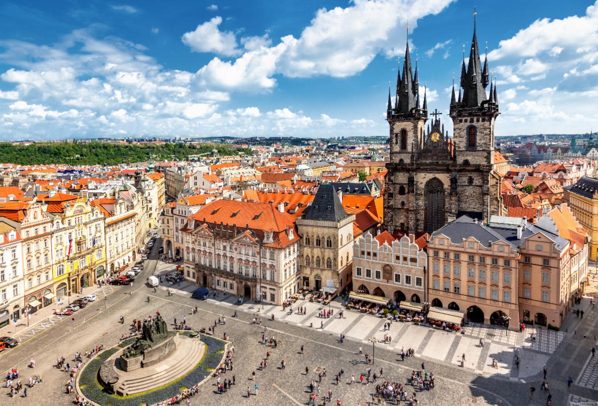 Overhead view of the Prague skyline, featuring the famous Tyn Church.
