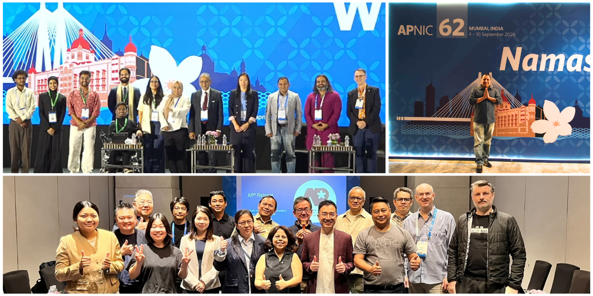 Collage of photos showing ICANN's involvement at APNIC 62: Champika gathers with other panel speakers for a group photo; Champika poses with hands in a prayer position in front of an APNIC 62 branded backdrop; and Champika joins a group photo with other APNIC 62 participants.