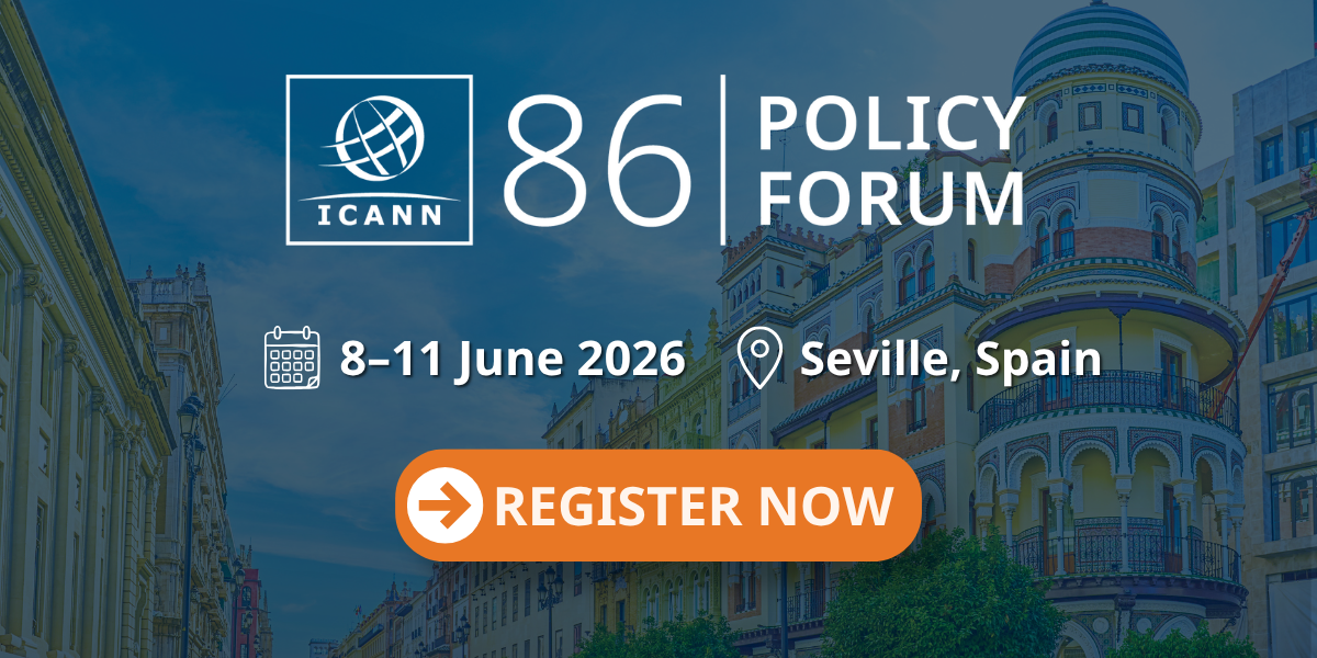 Register now for the ICANN86 Policy Forum, which will take place 8–11 June 2026 both virtually and in person in Prague, Czech Republic. White text is laid atop a sun-soaked image of a street in Seville, Spain. Multi-colored buildings line the street.