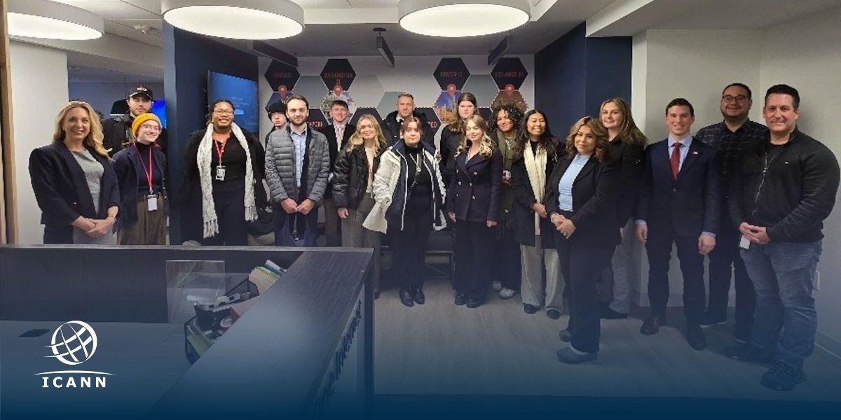 Students from both The Washington Center and the ICANN team smile to get their picture taken