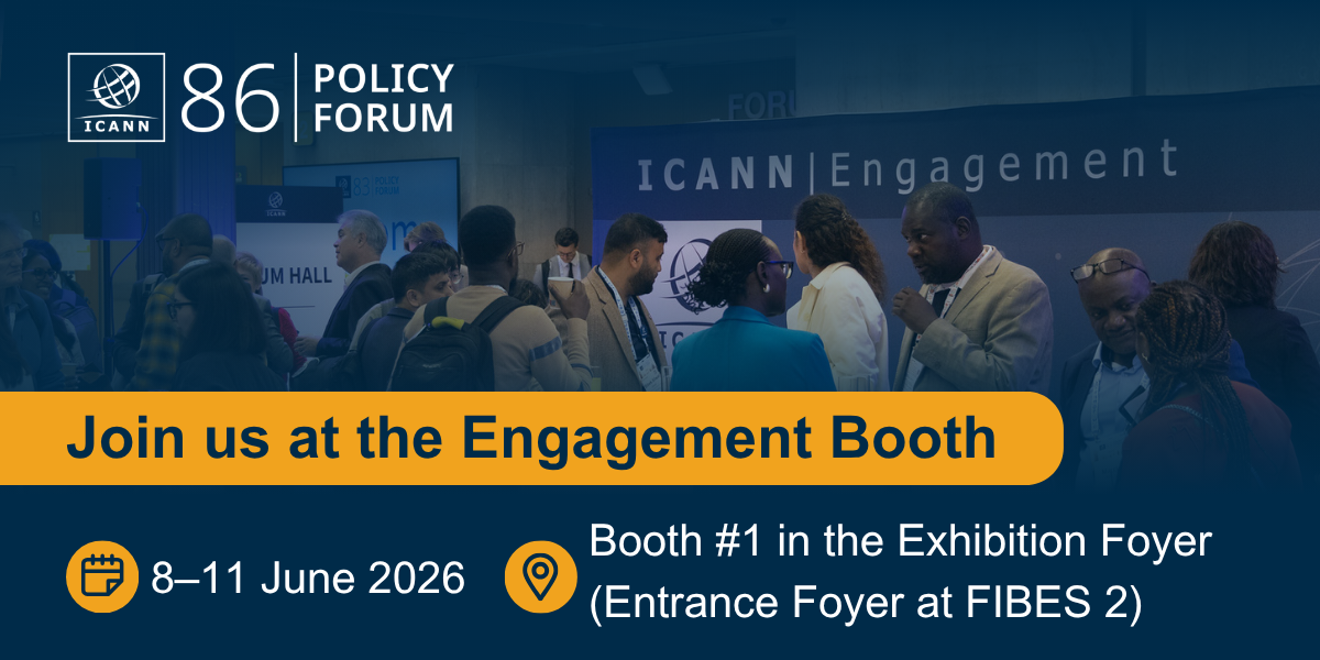 Join ICANN at the Engagement Booth during ICANN86, which will occur during the ICANN86 Policy Forum from 8–11 June 2026 at Booth #1 in the Exhibition Foyer (Entrance Foyer at FIBES 2). A group gathers at a previous Engagement Booth during an ICANN Public Meeting.