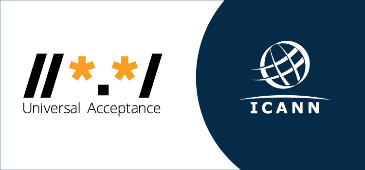 Image of the Universal Acceptance logo on a white background. The white ICANN logo is placed in a blue semicircle on the right hand side of the graphic.