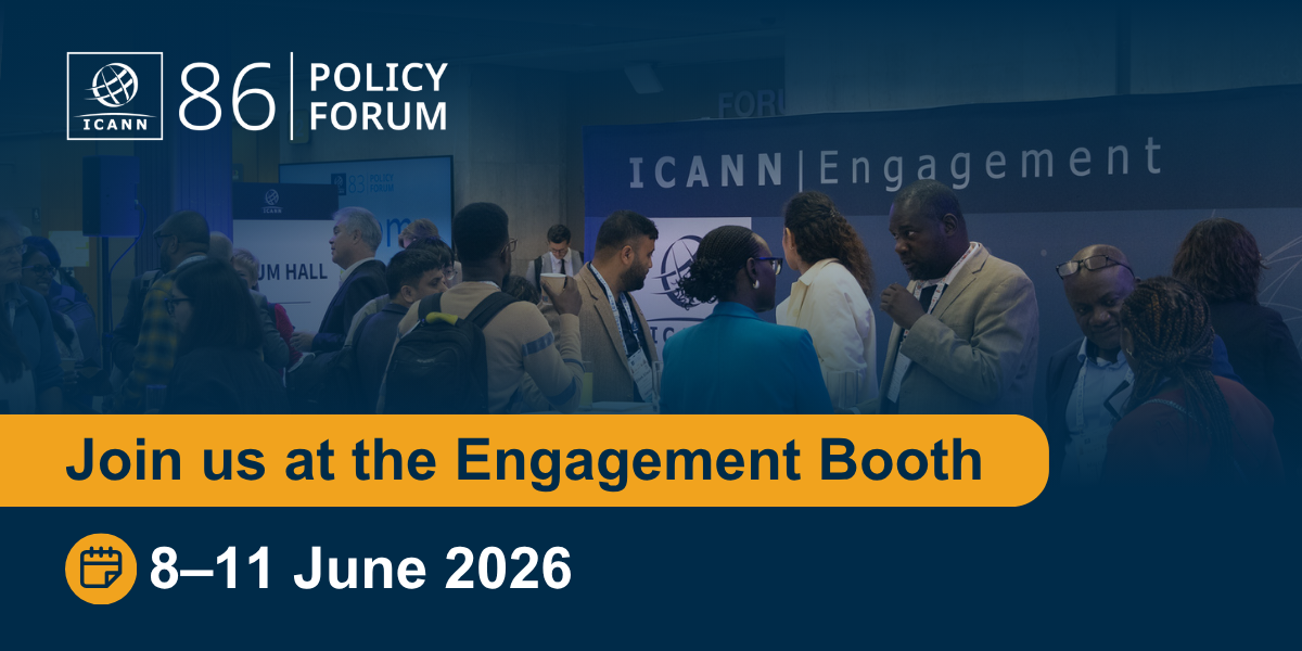Join ICANN at the Engagement Booth during ICANN86, which will occur during the ICANN86 Policy Forum from 8–11 June 2026. A group gathers at a previous Engagement Booth during an ICANN Public Meeting.