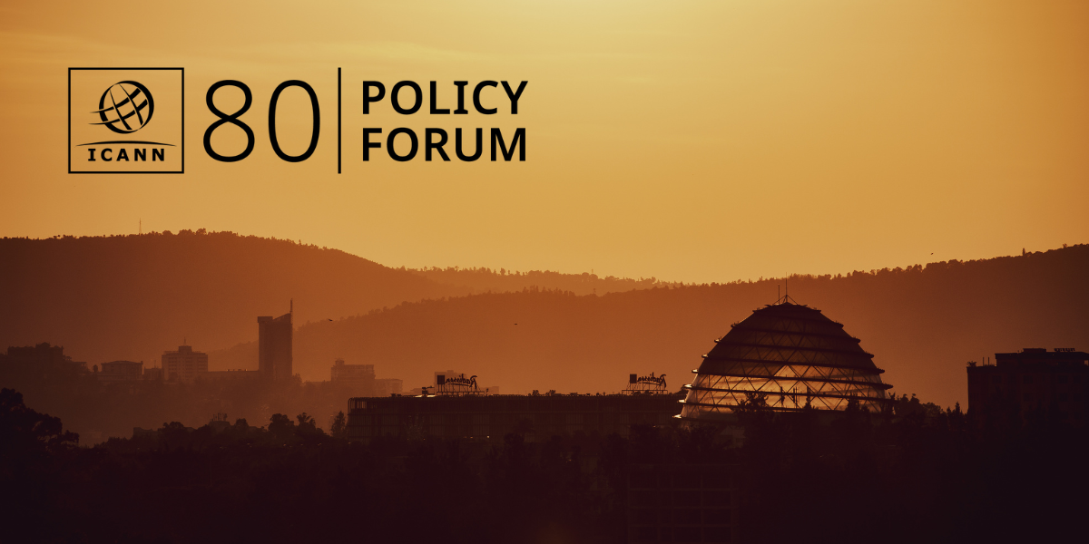 ICANN80 Policy Forum logo, set atop a photo of the Kigali skyline at sundown