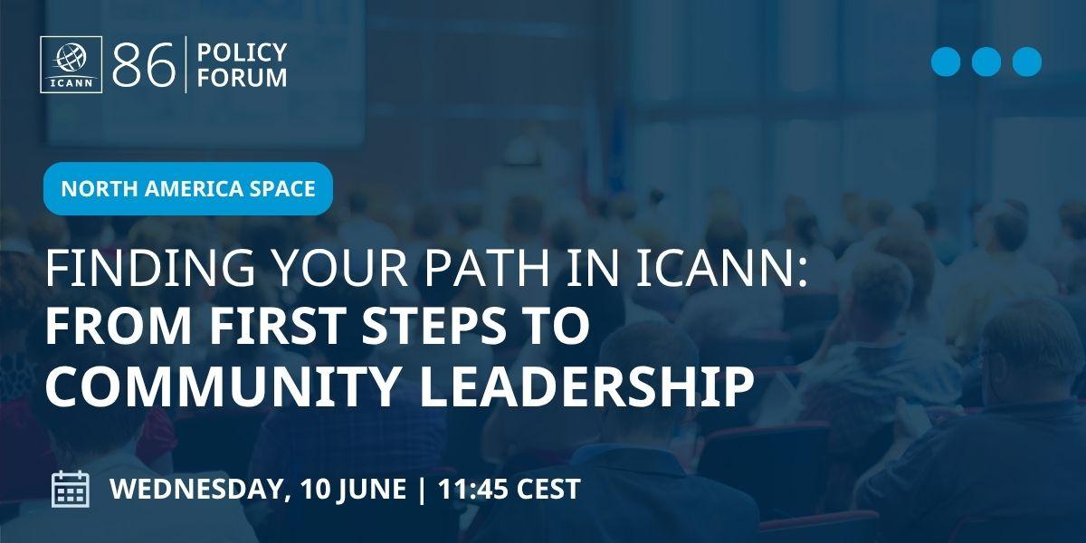 North America Space at ICANN86 –&nbsp;Finding Your Path in ICANN: From First Steps To Community Leadership. A crowd sits and watches someone speak from behind a podium at an ICANN Public Meeting.
