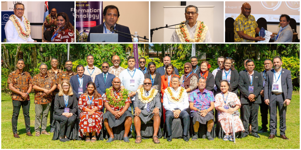 A collage of images showing ICANN’s participation in the Fiji National University’s National Conference on Information Technology in August 2026, featuring: Save Vocea shaking hands with a conference attendant; Champika Wijayatunga speaking from behind a microphone and laptop computer; Save Vocea speaking from behind a podium while wearing an ornate lei; and Champika Wijayatunga presenting a certificate to a conference attendant.