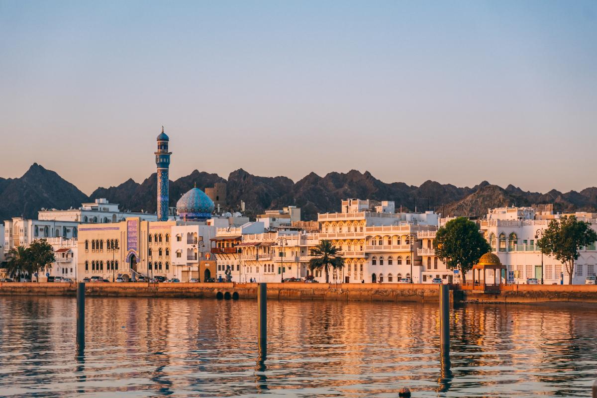 View of the skyline overlooking Muscat, Oman at dusk