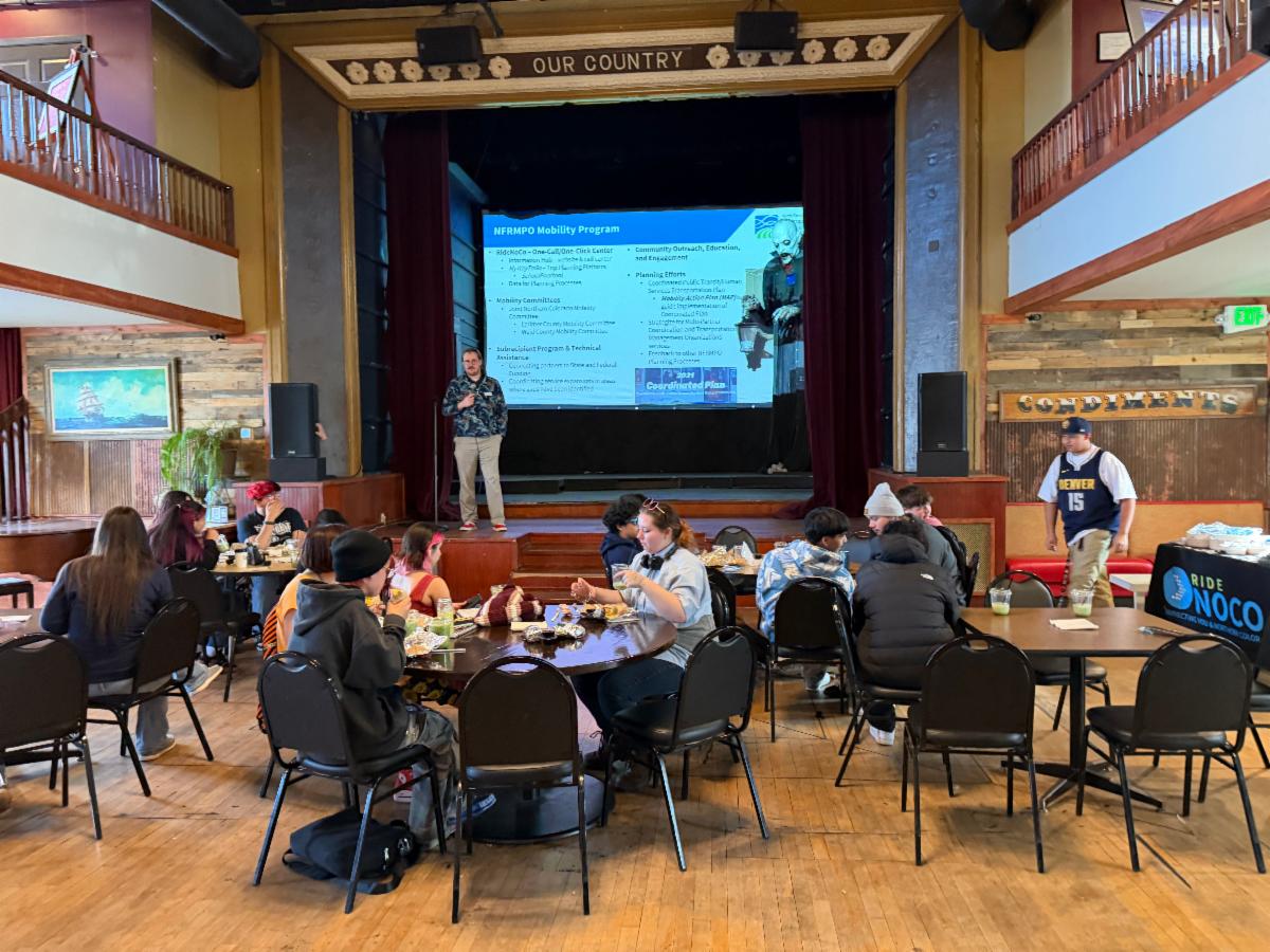 Mobility Planner Aaron Hull giving students a presentation on RideNoCo. 