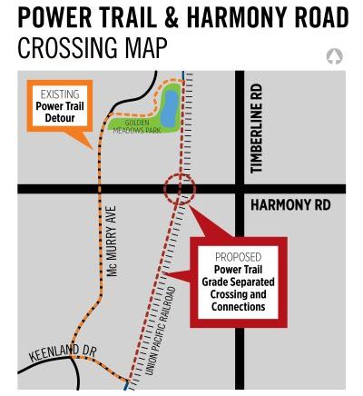 A map showing the project location of the Power Trail Underpass Project. For more detailed information on project location, please reach out to the City of Fort Collins. 