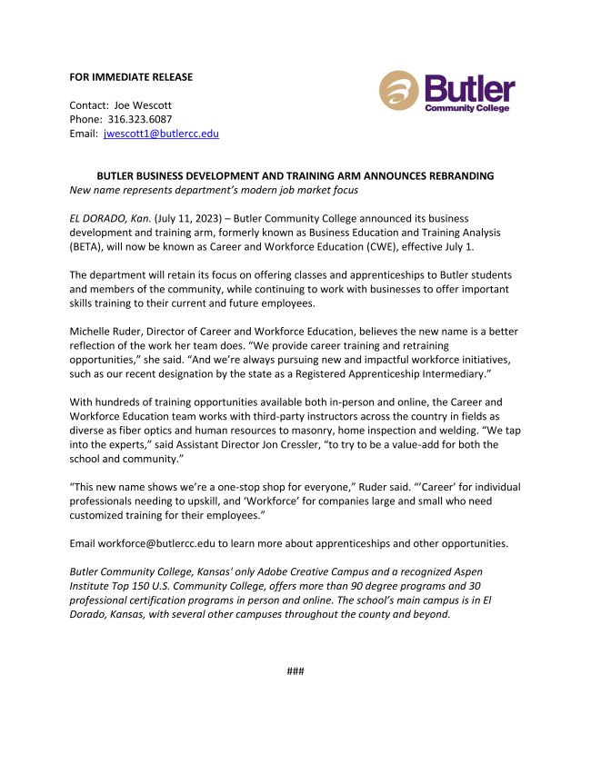 Butler Business Development and Training Arm Announces Rebranding