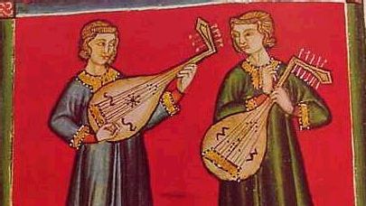 Medieval image of two people playing lutes