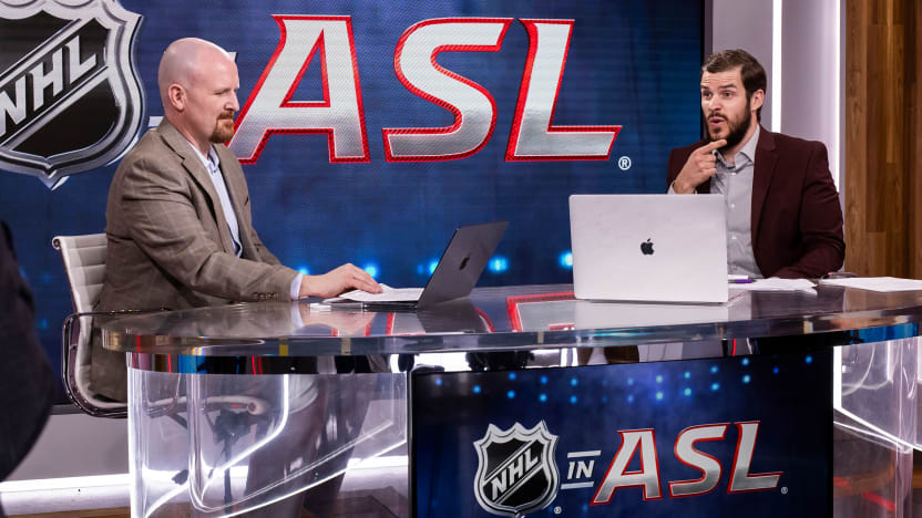 Jason Altmann (left) and Noah Blankenship (right) in their NHL in ASL Studio.