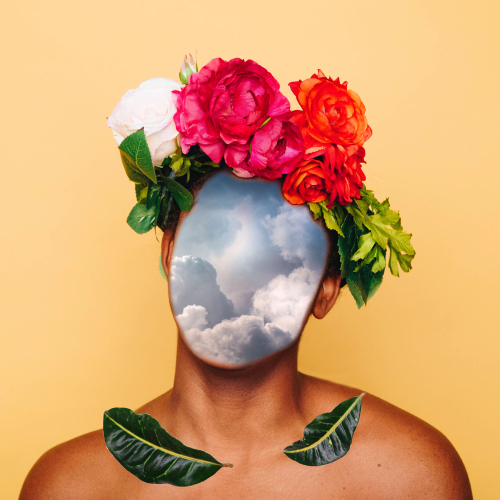 Girl with clouds instead of a face and a crown of flowers. Contemporary art collage. Abstract surrealism and minimalism