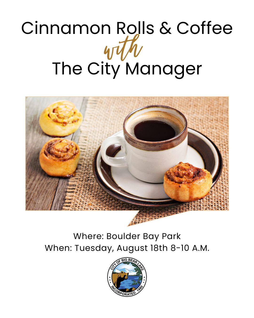 Event flyer for Cinnamon Rolls with the City Manager at Boulder Bay Park 8-18-26