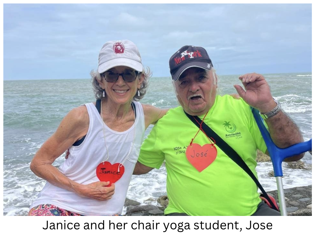 Janice Brunson and her chair yoga student Jose