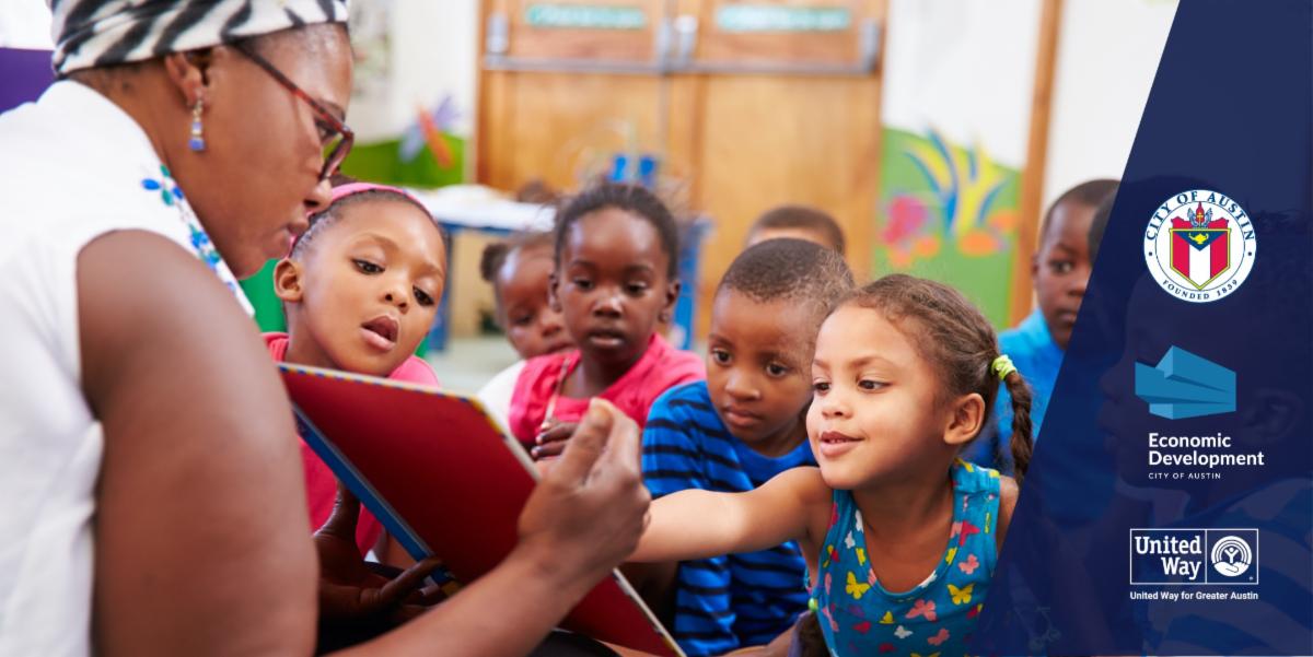 Child care teacher reading to children
