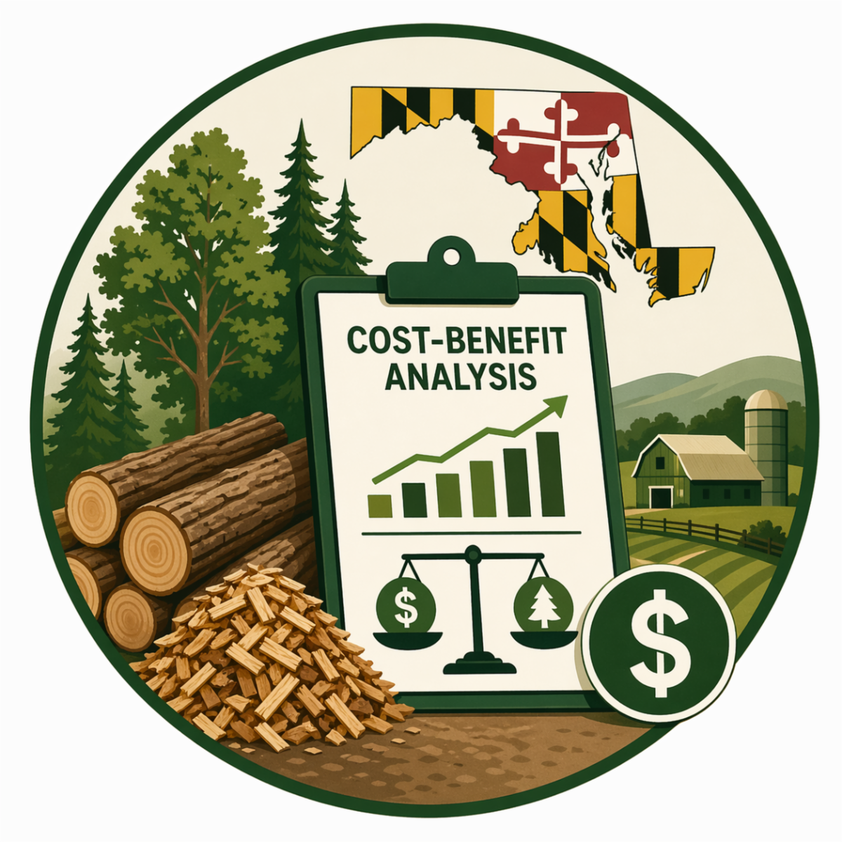 The words "Cost-Benefit Analysis" on a clipboard with scales and a rising bar chart. Background is Maryland State flag, lumber, trees, and a farm with a dollar sign. Colors: Dark green, brown, yellow, black, gold, red.
