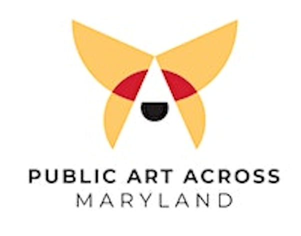 Public Art Across Maryland logo; yellow quarter moons with red and black accents linked together in the form of an abstract angel