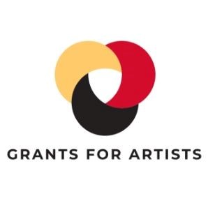 Grants for Artists: Logo with black, red and yellow half moons intertwined in a circle