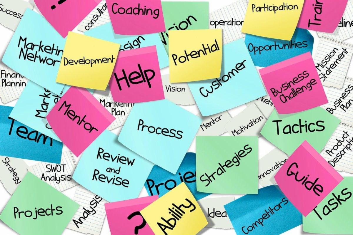University of MD Cultivating Entrepreneurship - different colored post-it notes with words like help, development, marketing network, process, strategies, guide, tactics, etc.