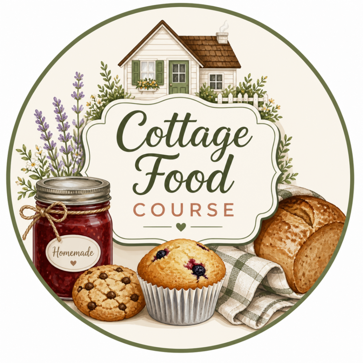 Cottage Food Course logo with a house, herbs, a jar of jam, cookies, muffins and bread