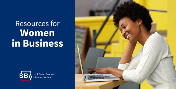 Woman sitting at a desk and using a laptop; yellow background with chairs SBA Resources for Women in Business