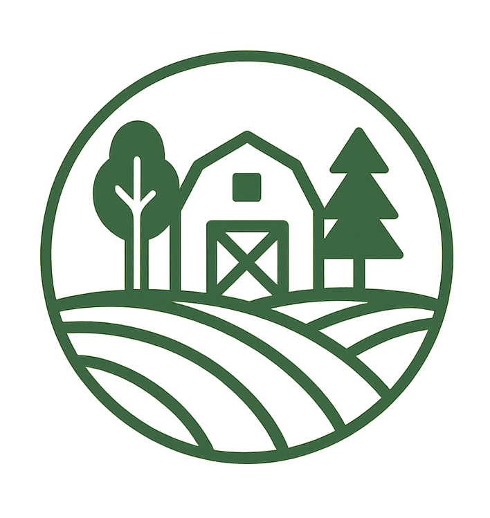 Farming icon with a barn, trees, and fields. Green on a white background.