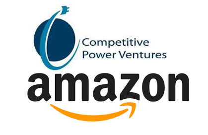 Competitive Power Ventures Logo - blue writing on a white background; Amazon logo - black letters with a gold smile beneath on a white backgrounc