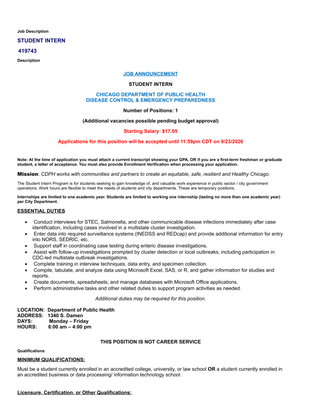 tudent Inernship Available