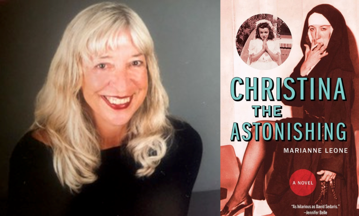 Headshot of writer Marianne Leone along with a book cover image of her new book: Christina the Astonishing.