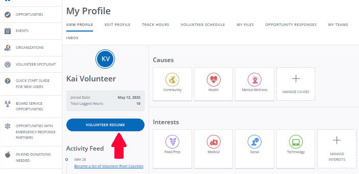 Screenshot of volunteer profile with red arrow pointing to the "Volunteer Resume" button.