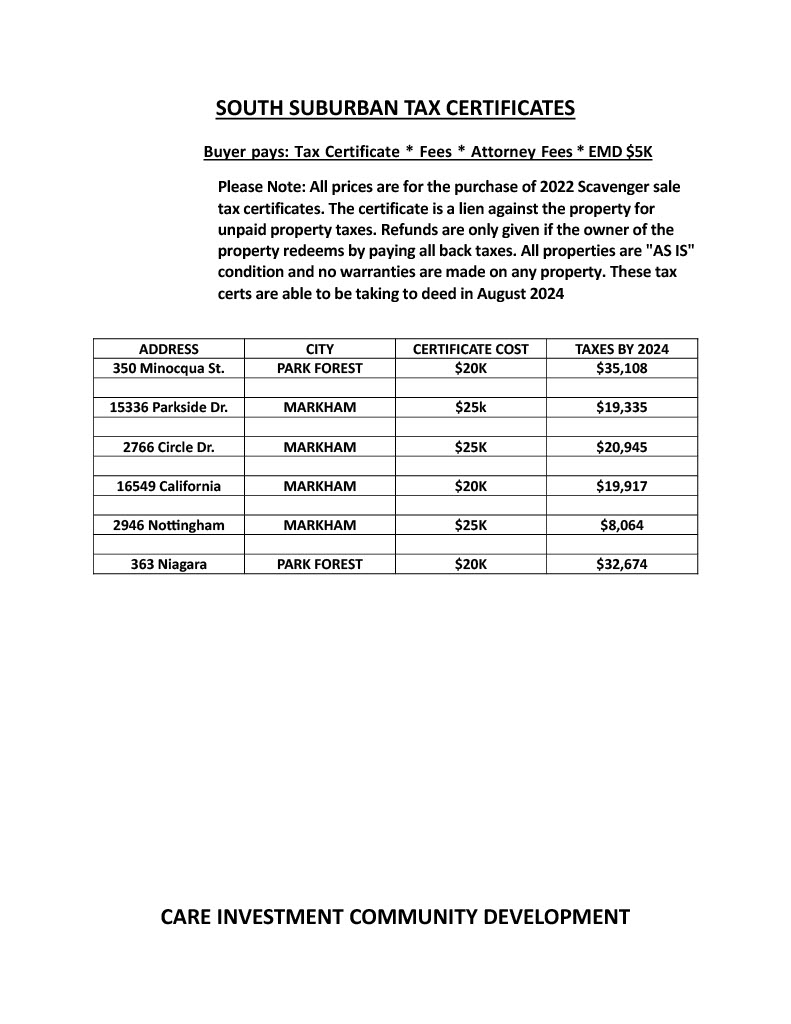 PARK FOREST AND MARKHAM TAX CERTIFICATES!!!! Check this out!!!!