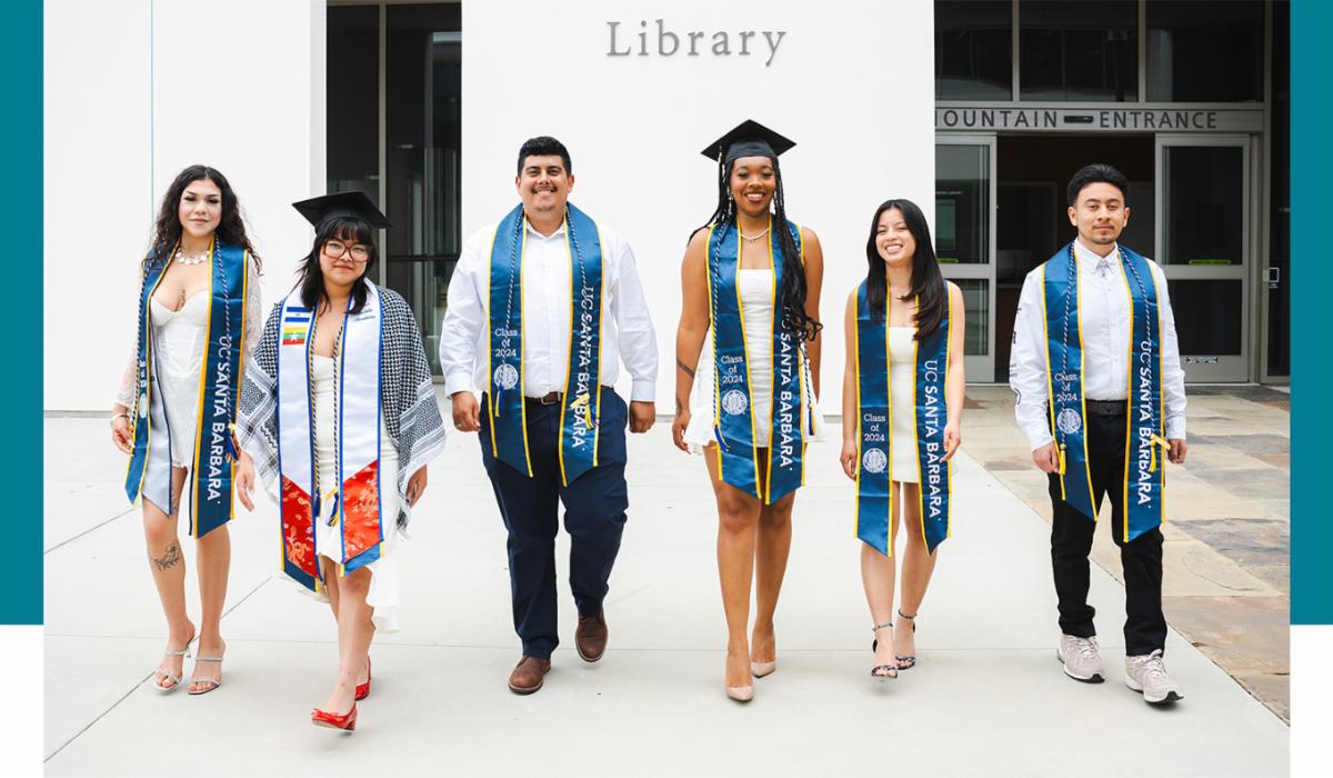A group of six graduating Library student employees wearing Class of 2024 sashes