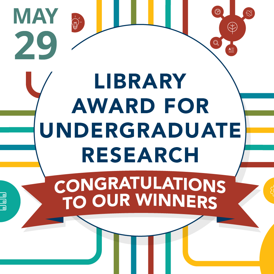 Graphic for Library Award for Undergraduate Research with a banner that says Congratulations to our winners