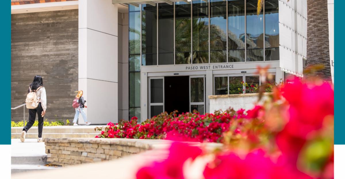 Paseo West Entrance of UCSB Library with bougainvillea 