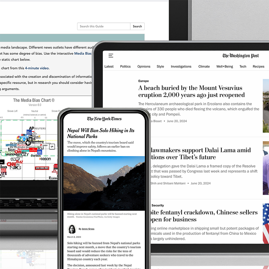 A smart phone with The New York Times Online a tablet with The Washington Post Online and a laptop with the UCSB Library News Sources guide