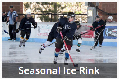 Youth playing ice hockey with a text overlay that identifies a link to the Seasonal Ice Rink offerings online.