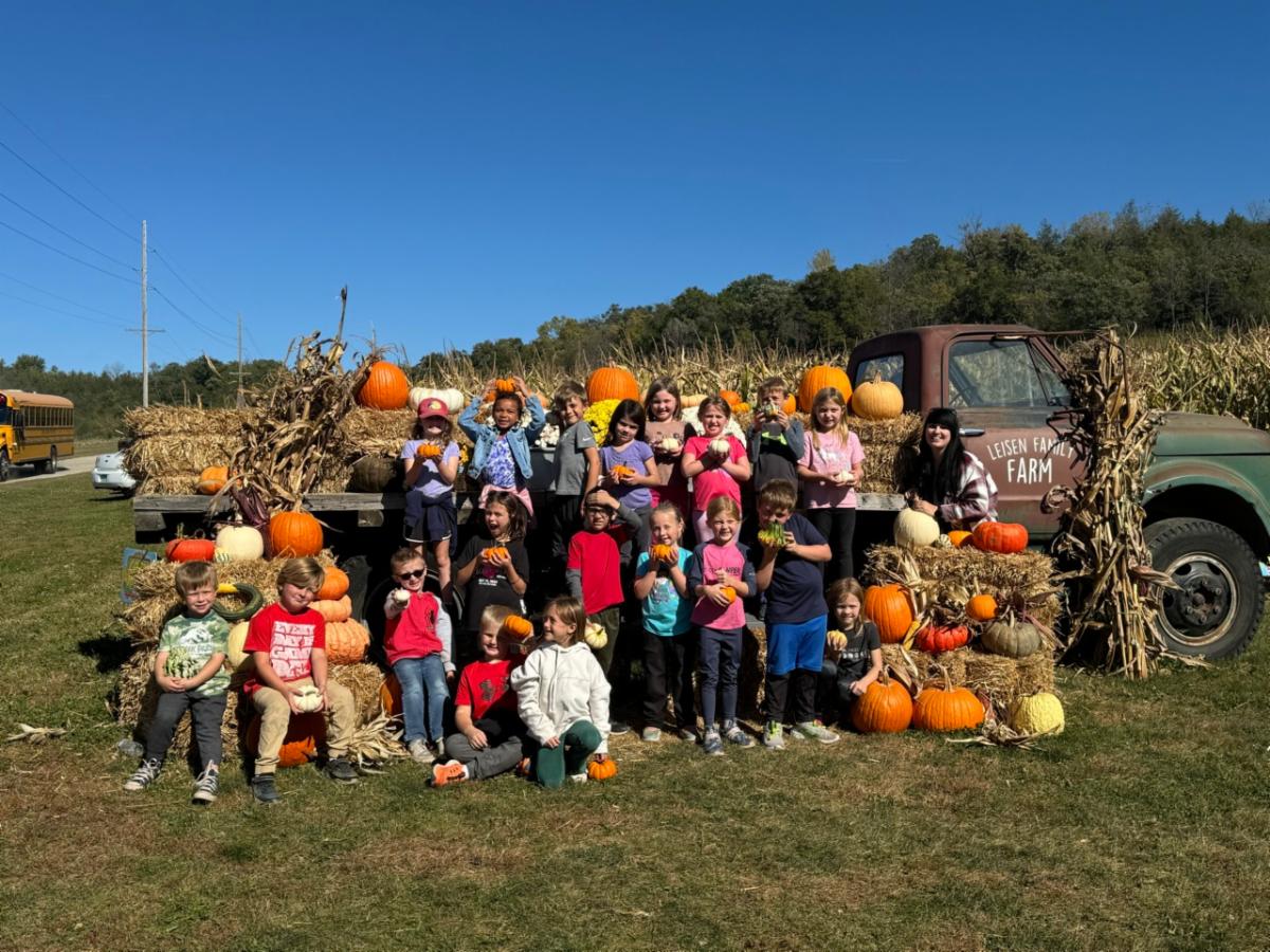 elementary students with pumpkins in a field