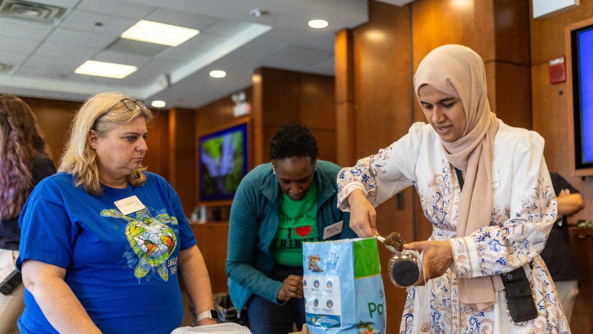 Three educators working on a project with potting soil at the Shedd's teacher workshop.