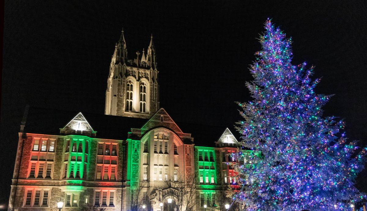 Lit Christmas tree in front a Gothic building