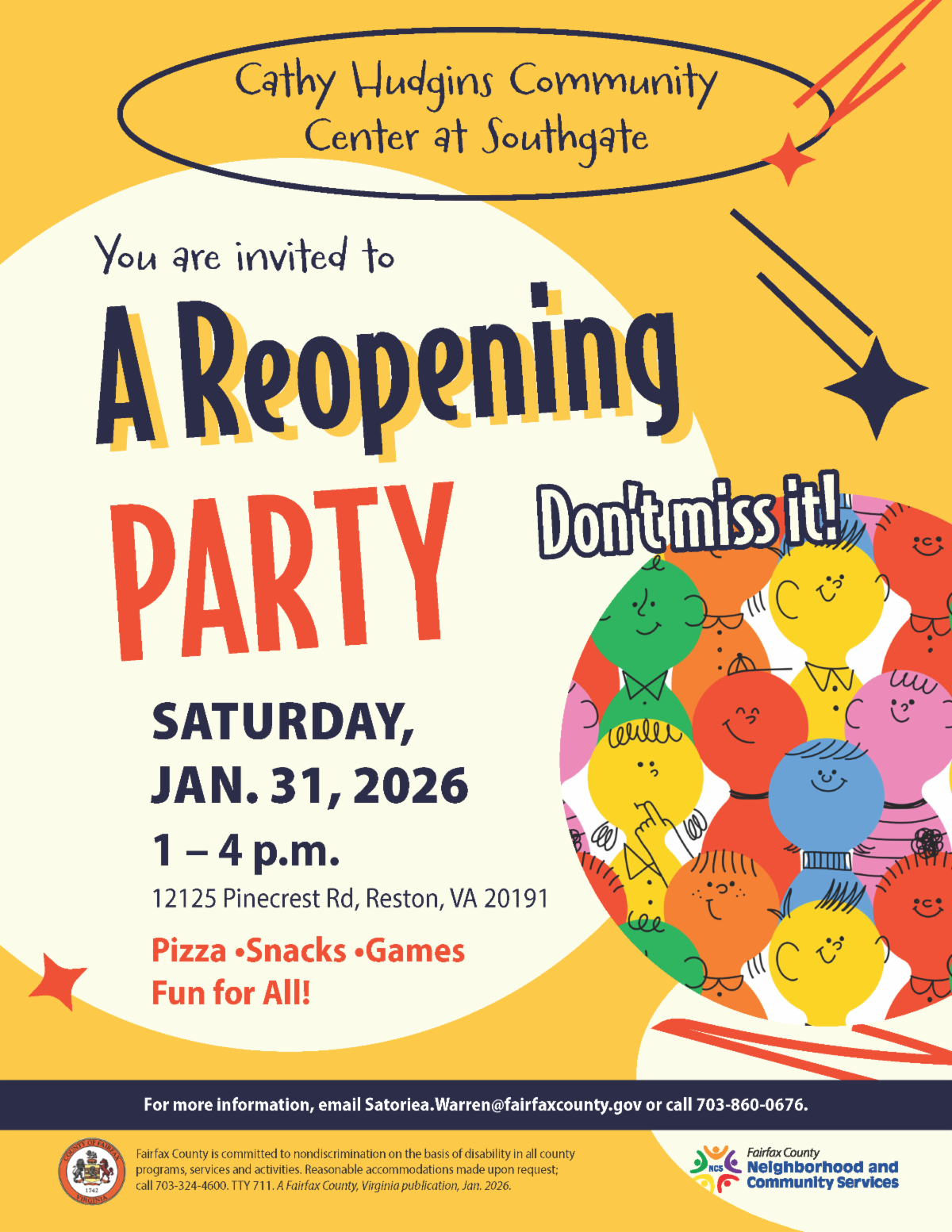 Cathy Hudgins Community Center Grand Reopening Party Flyer