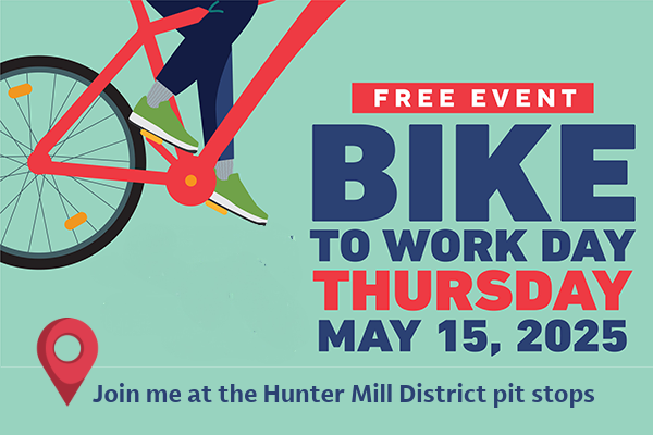 Join me at the 2025 Bike to Work Day pit stops in the Hunter Mill District.