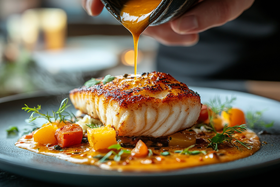 A restaurant meal of salmon