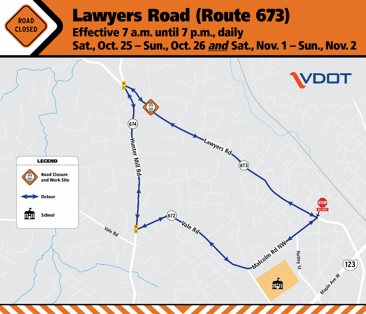 A map showing the detour route when Lawyers Road is closed in Vienna