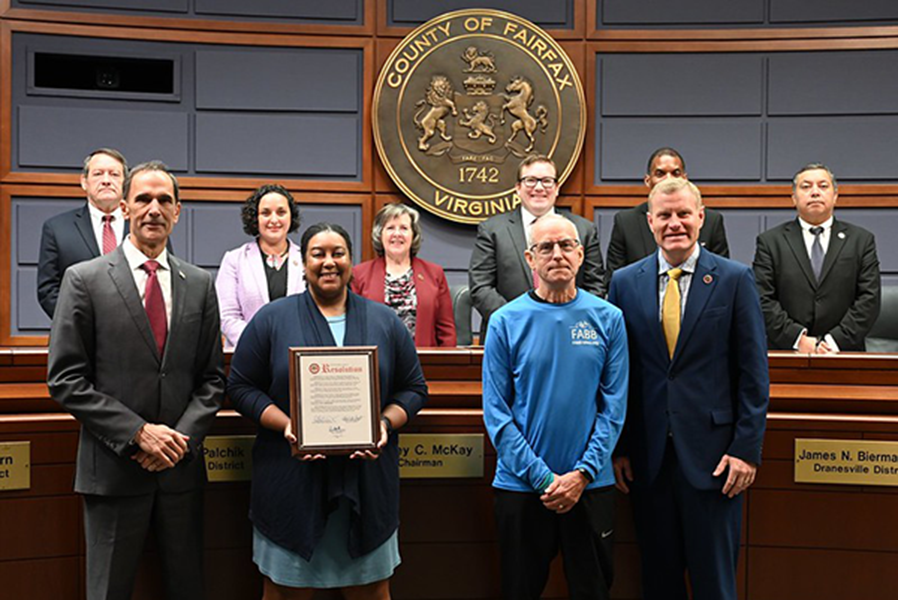 The Fairfax Alliance for Better Bicycling received a proclamation from the Fairfax County Board of Supervisors recognizing their 20th anniversary