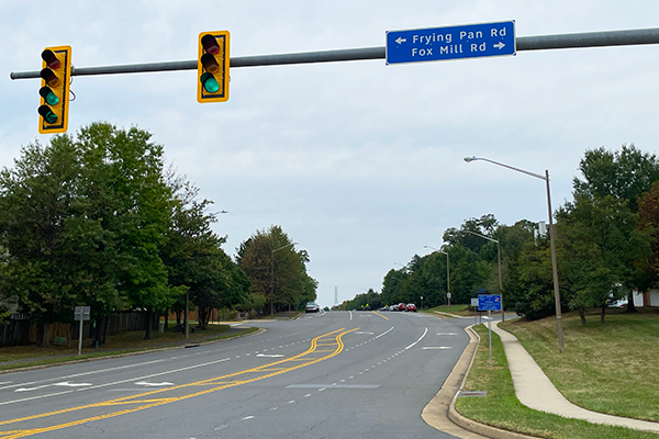 Road sign for Fox Mill Road in Herndon