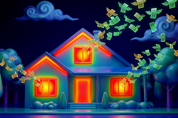 Dollar bills flying away from air leaks in house