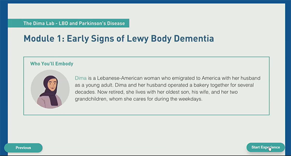 Dima Lab Lewy body dementia simulation opening screen