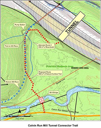 Map showing the connector trail from the Colvin Run Mill tunnel