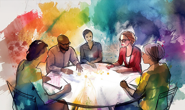 An illustration of a group of people meeting at a table